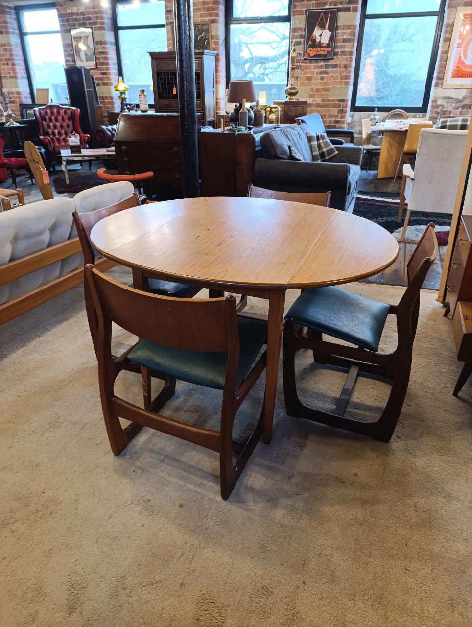 Mid Century Teak Drop-Leaf Dining Set - Table and 4 Portwood Chairs, Turtle Green Seats