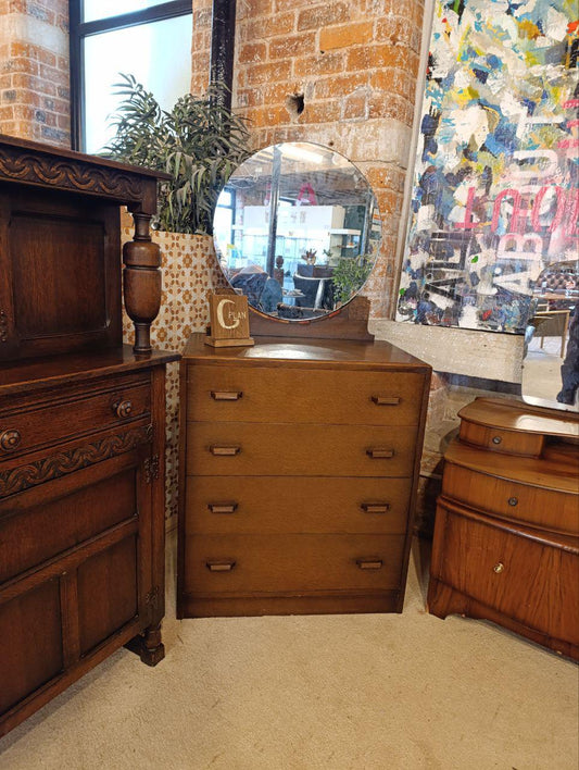 1950s Oak Tallboy with Mirror BY E Gomme (G-Plan) - Fretwork Detailing, Four Drawers, Round Mirror