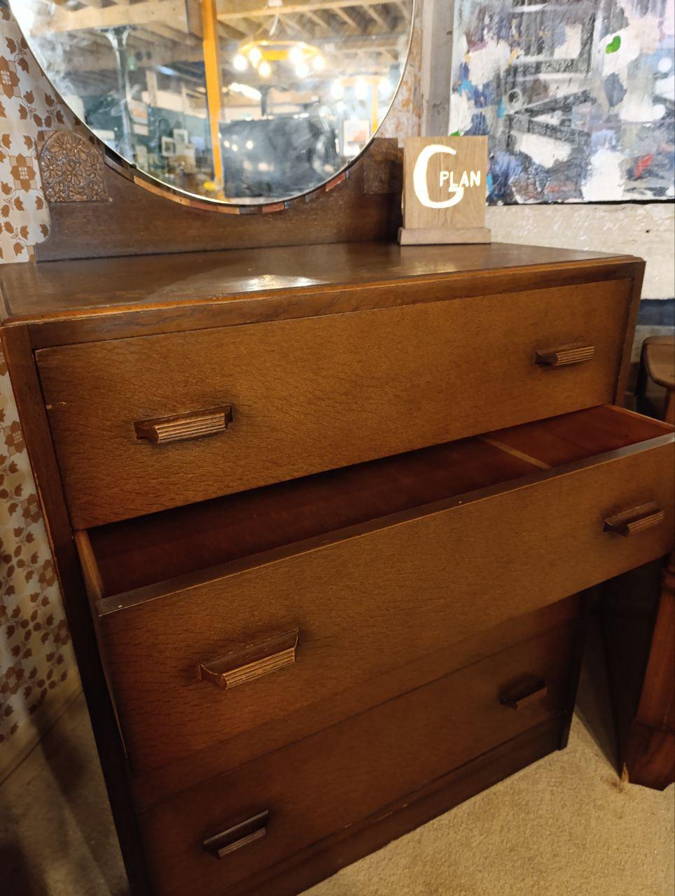 1950s Oak Tallboy with Mirror BY E Gomme (G-Plan) - Fretwork Detailing, Four Drawers, Round Mirror