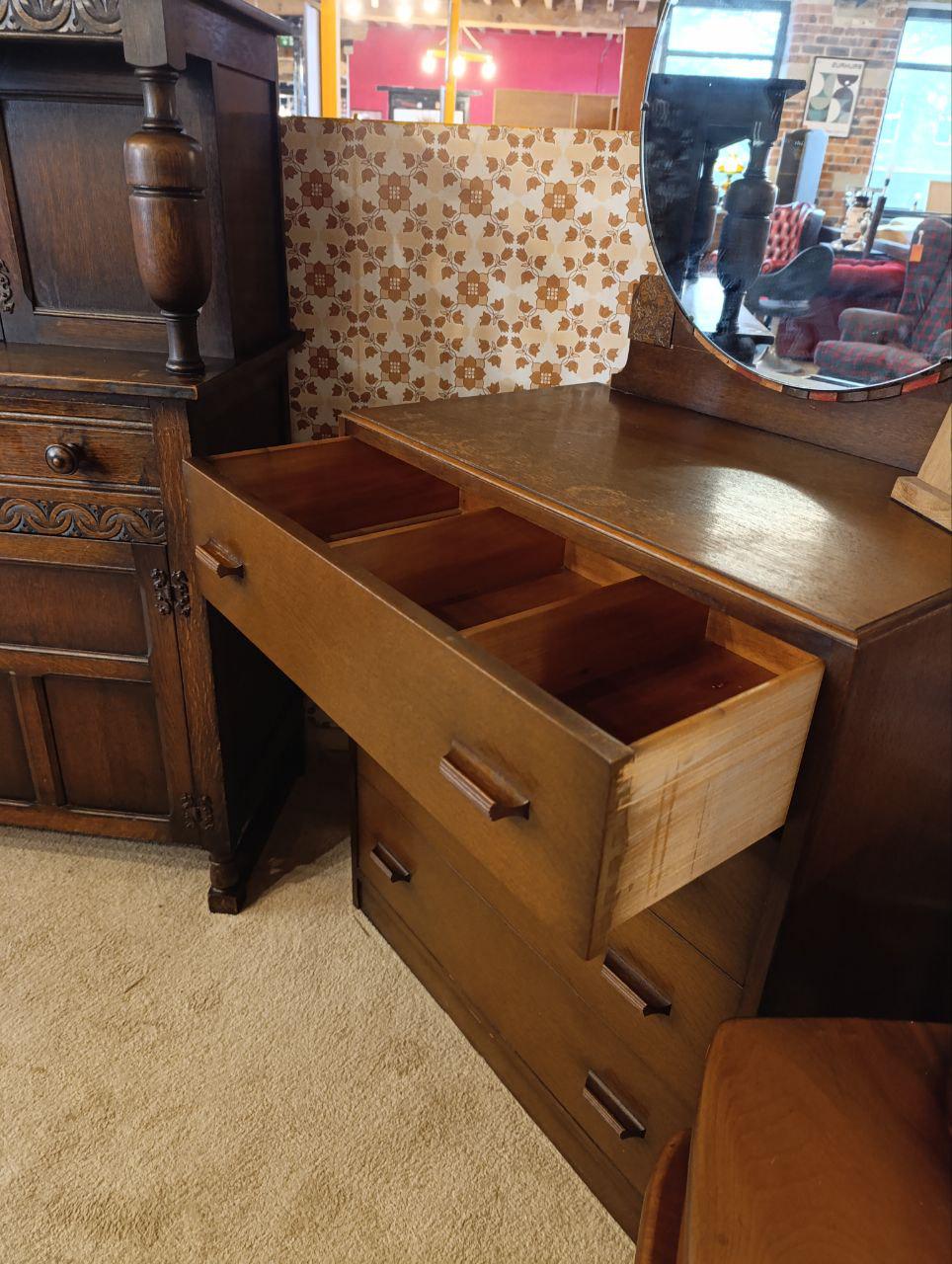 1950s Oak Tallboy with Mirror BY E Gomme (G-Plan) - Fretwork Detailing, Four Drawers, Round Mirror