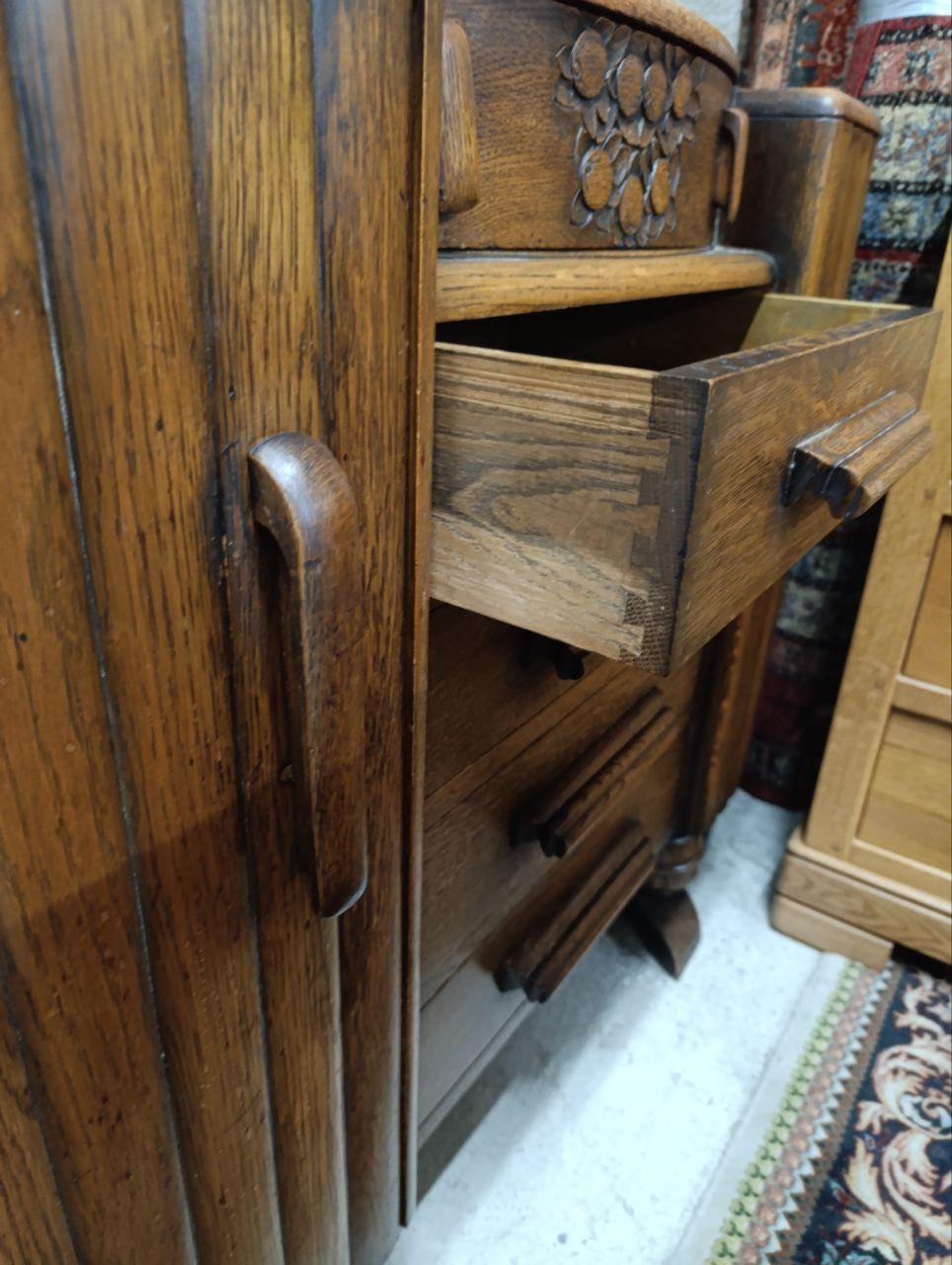 1940s Art Deco Sculptural Sideboard - Hand-Carved Details, Tambour Doors, Oak Plinth Base