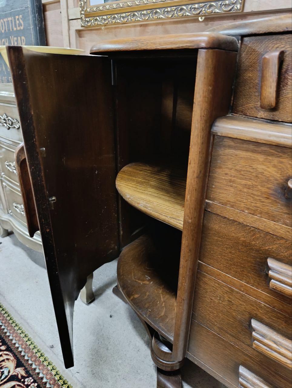1940s Art Deco Sculptural Sideboard - Hand-Carved Details, Tambour Doors, Oak Plinth Base