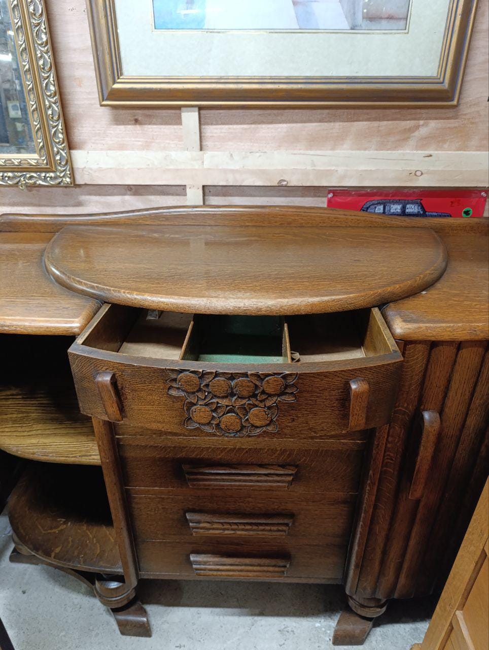 1940s Art Deco Sculptural Sideboard - Hand-Carved Details, Tambour Doors, Oak Plinth Base