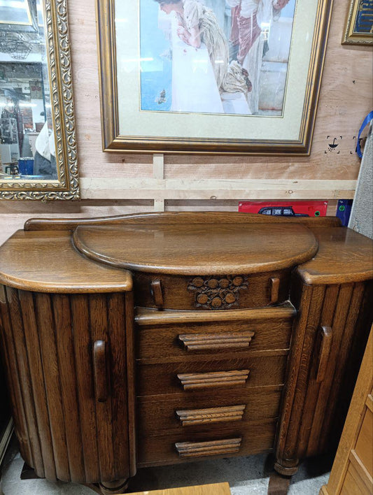 1940s Art Deco Sculptural Sideboard - Hand-Carved Details, Tambour Doors, Oak Plinth Base
