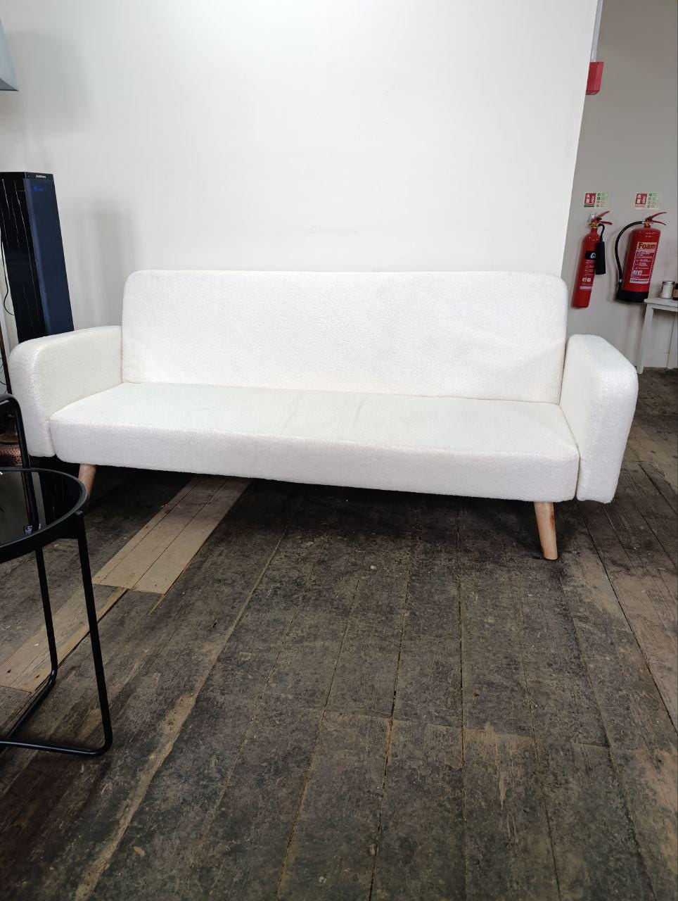 Three Seater Fabric 'Click-Clack' Sofa Bed - White Boucle, Retro Design, Space-Saving