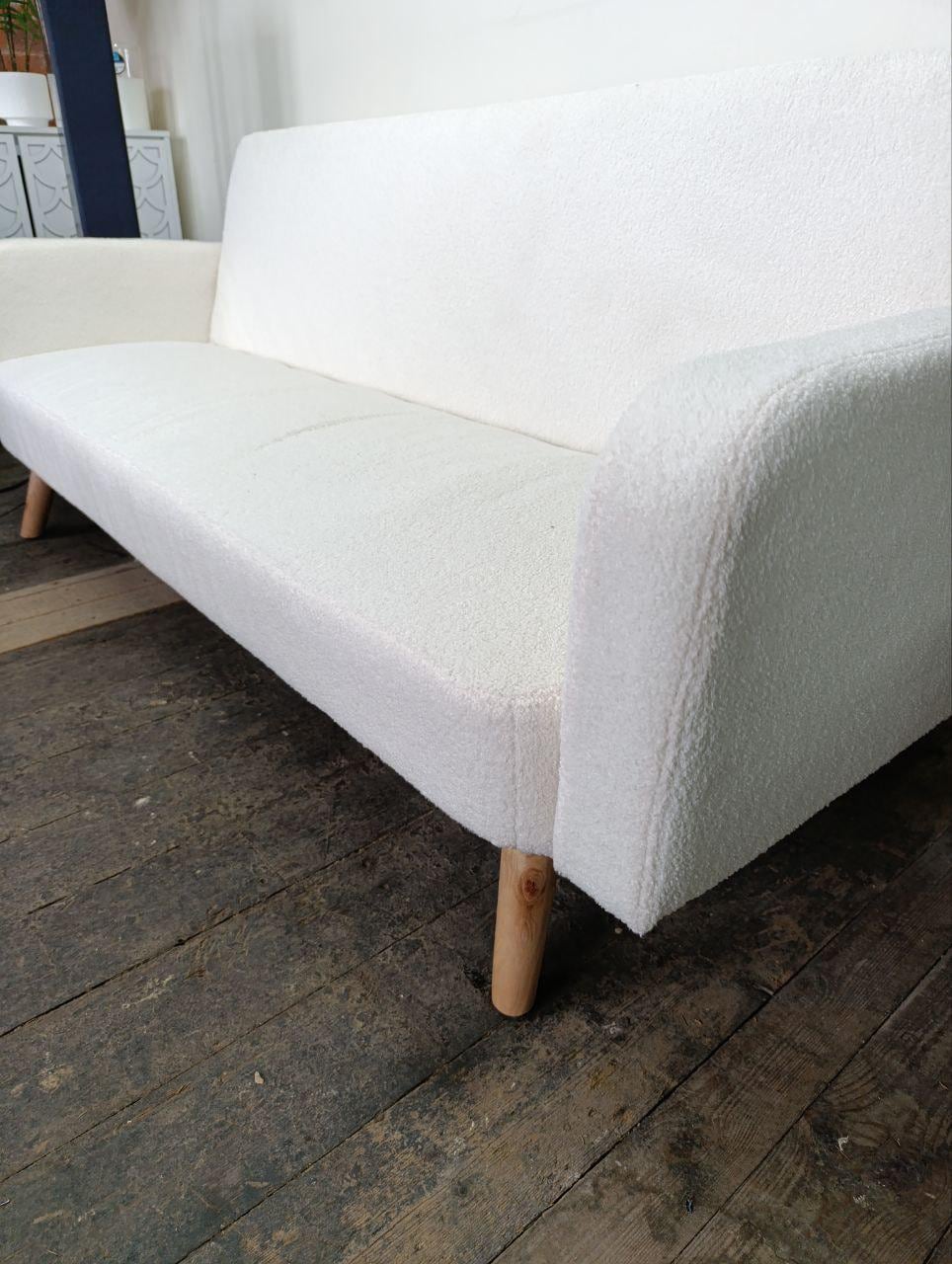 Three Seater Fabric 'Click-Clack' Sofa Bed - White Boucle, Retro Design, Space-Saving
