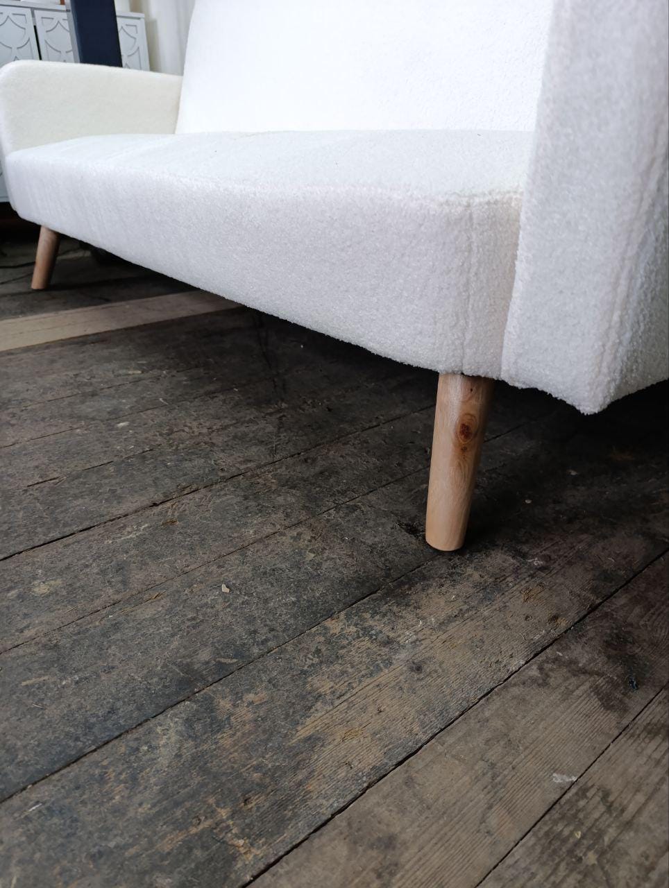 Three Seater Fabric 'Click-Clack' Sofa Bed - White Boucle, Retro Design, Space-Saving