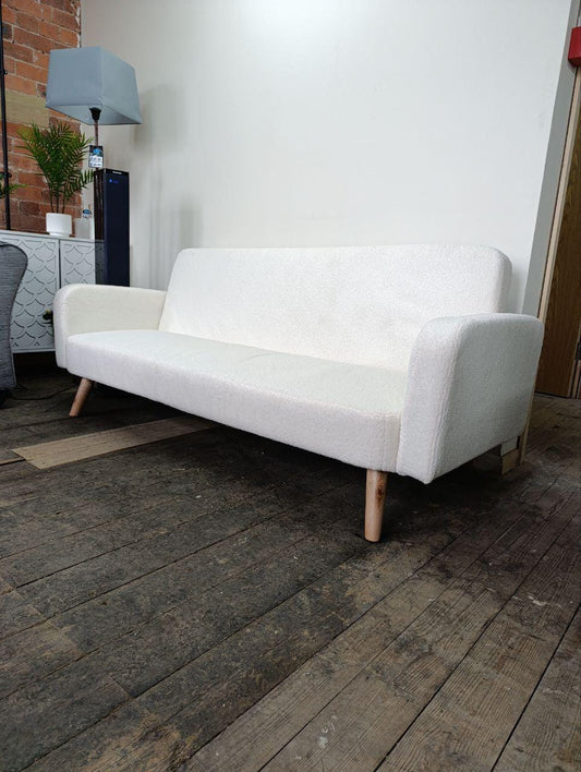 Three Seater Fabric 'Click-Clack' Sofa Bed - White Boucle, Retro Design, Space-Saving