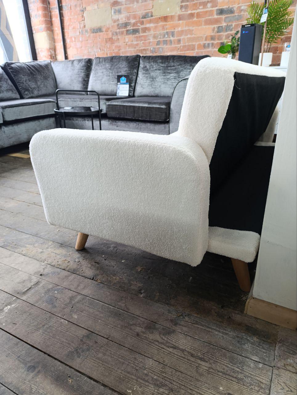 Three Seater Fabric 'Click-Clack' Sofa Bed - White Boucle, Retro Design, Space-Saving