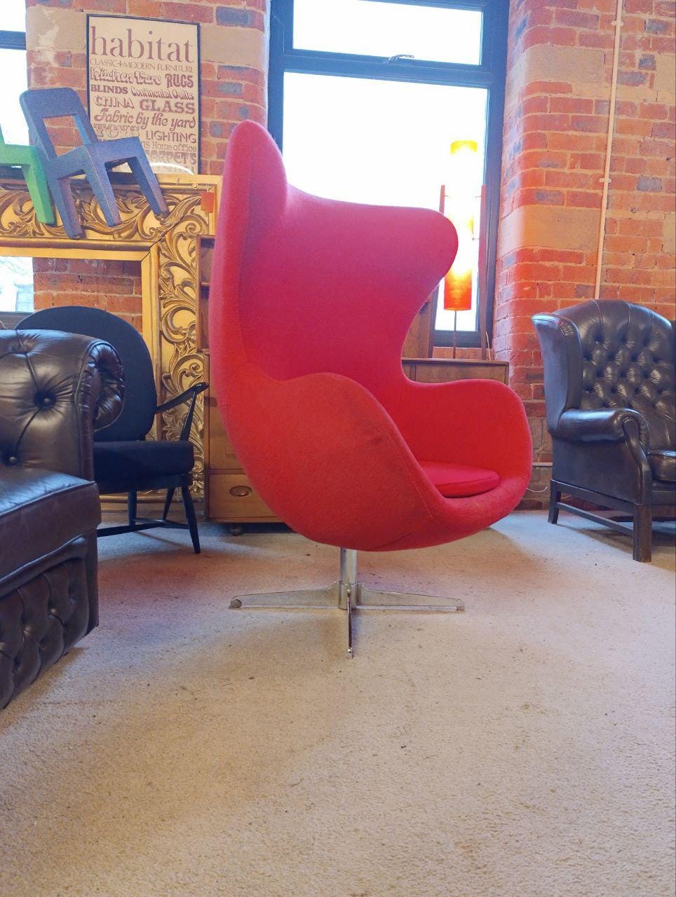 Mid-Century Modern Egg Chair - Red Wool Upholstery, Swivel Base, 1960s Design