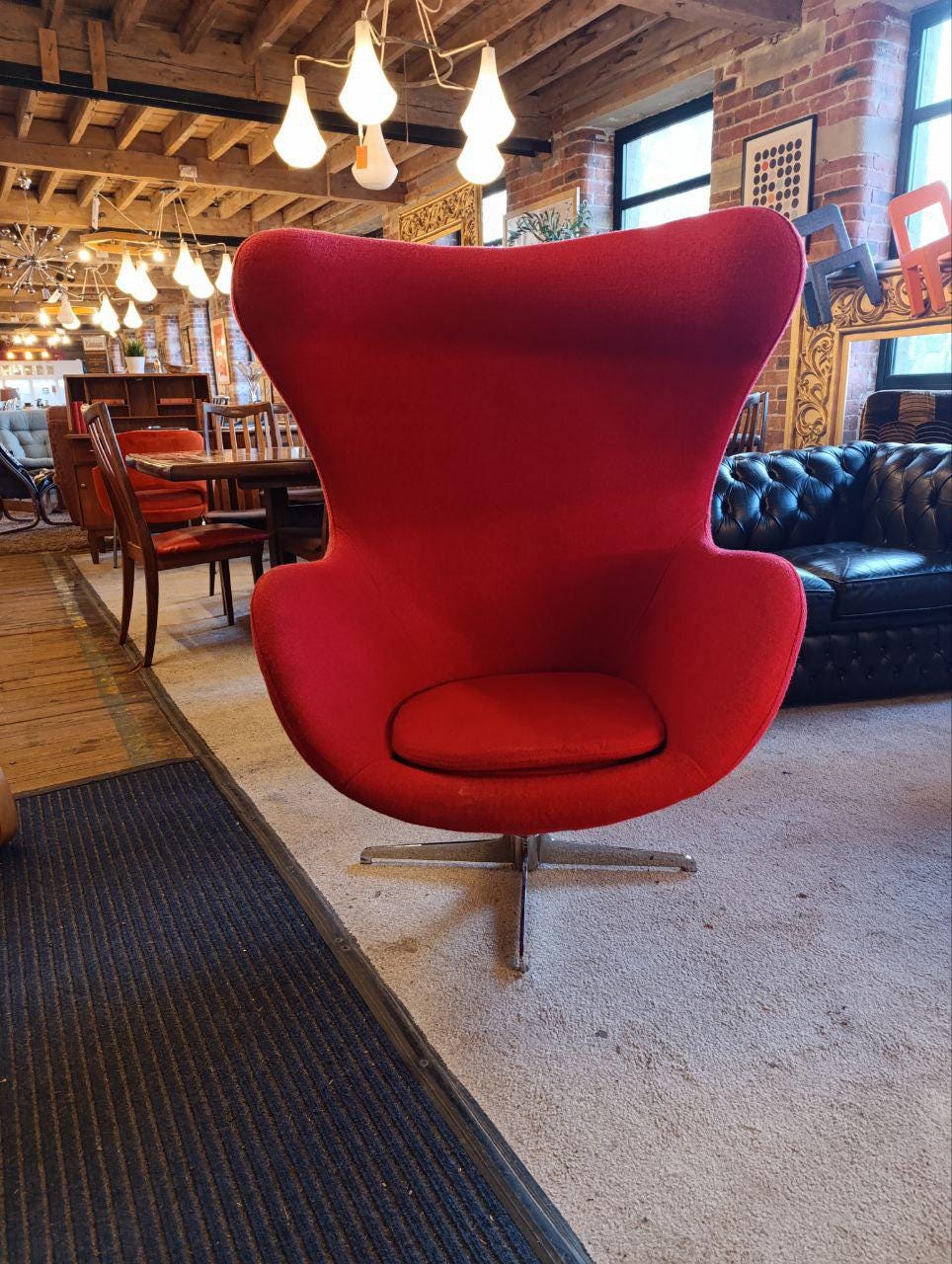 Mid-Century Modern Egg Chair - Red Wool Upholstery, Swivel Base, 1960s Design