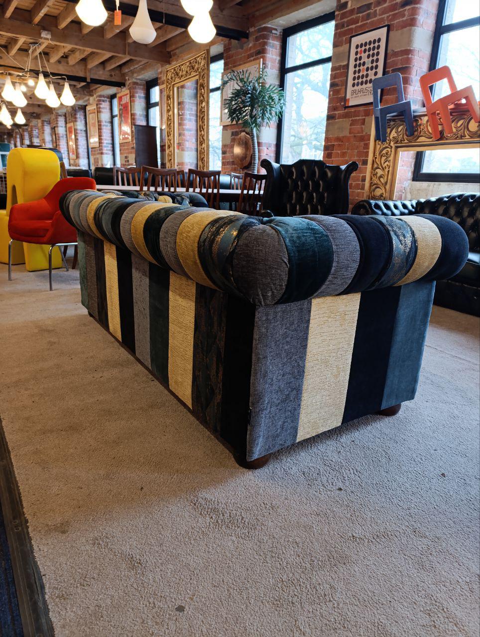 1980s Vintage Chesterfield Sofa - Patchwork Upholstery, Studded Detailing, Buttoned Back