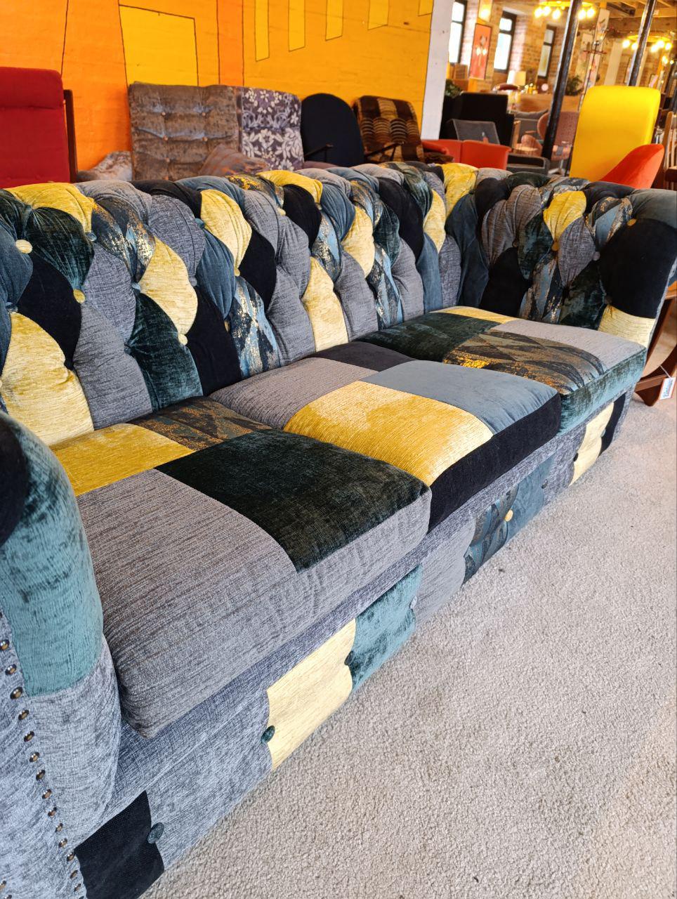 1980s Vintage Chesterfield Sofa - Patchwork Upholstery, Studded Detailing, Buttoned Back