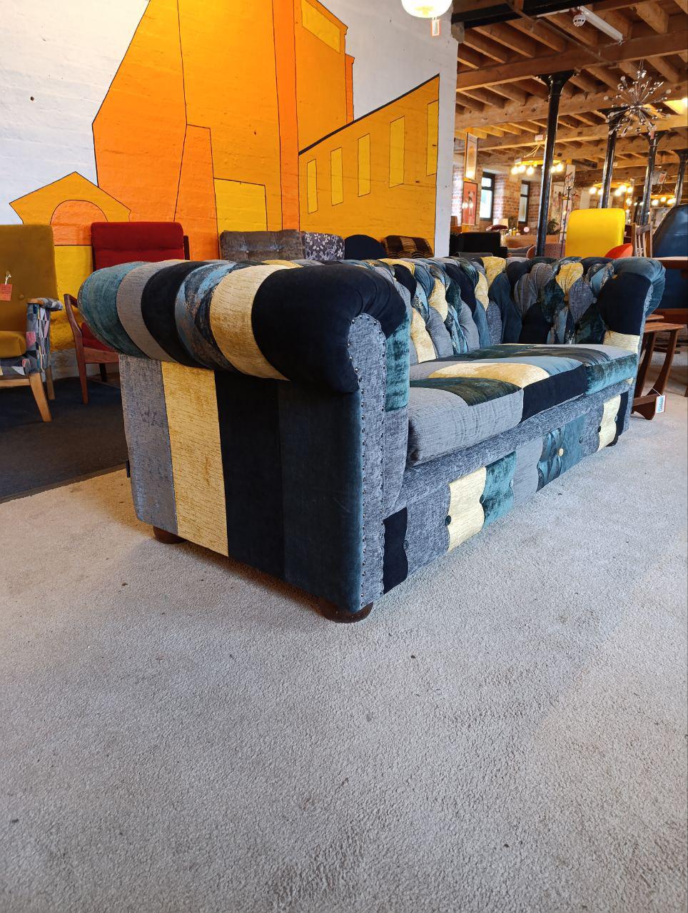 1980s Vintage Chesterfield Sofa - Patchwork Upholstery, Studded Detailing, Buttoned Back