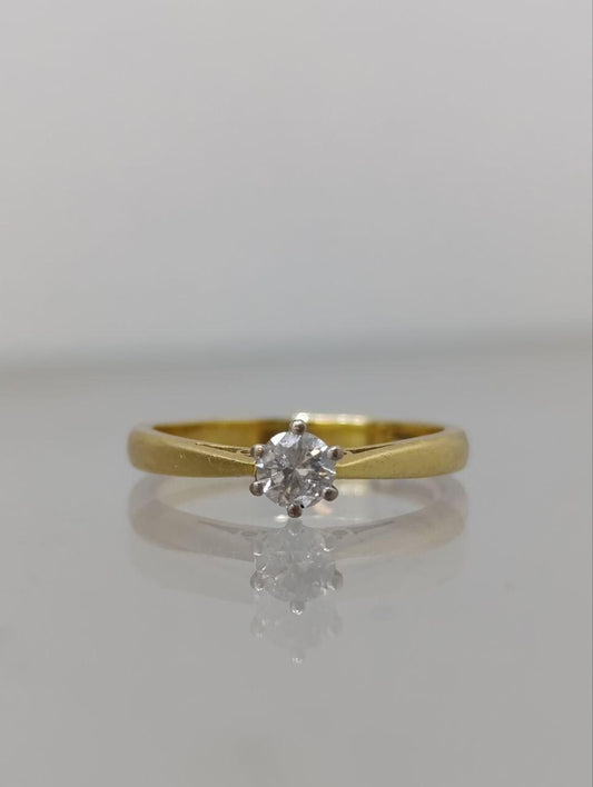 Vintage 18ct Yellow Gold Solitaire Diamond Ring - 0.25ct Diamond, Platinum Prongs, Size N
