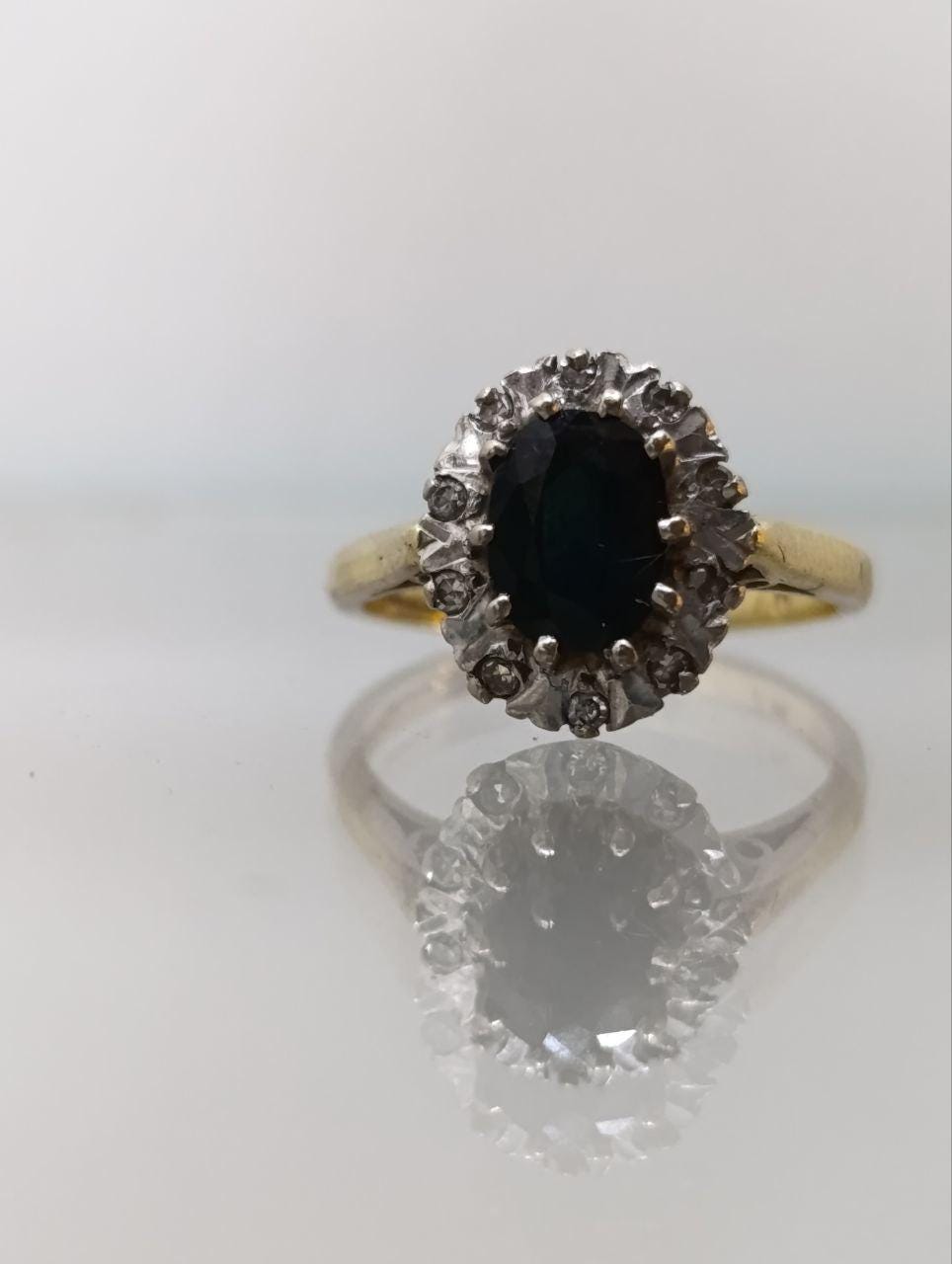 Vintage 18ct Yellow Gold Sapphire and Diamond Cluster Ring - 1975, Size O, Birmingham Hallmark