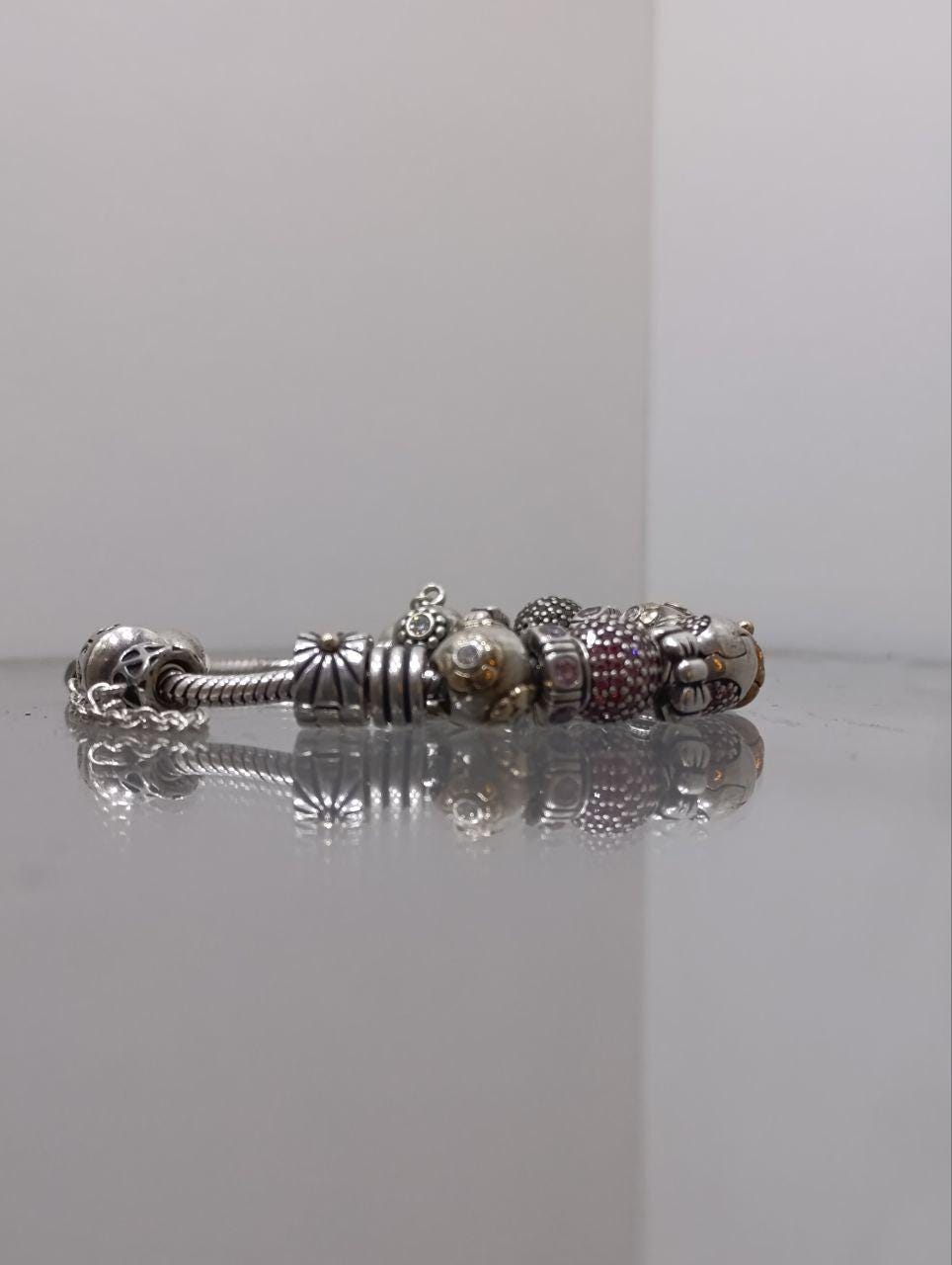 Pandora Silver Bracelet with 17 Charms - Amethyst and Cubic Zirconia, 7.5 Inches, 925 Silver