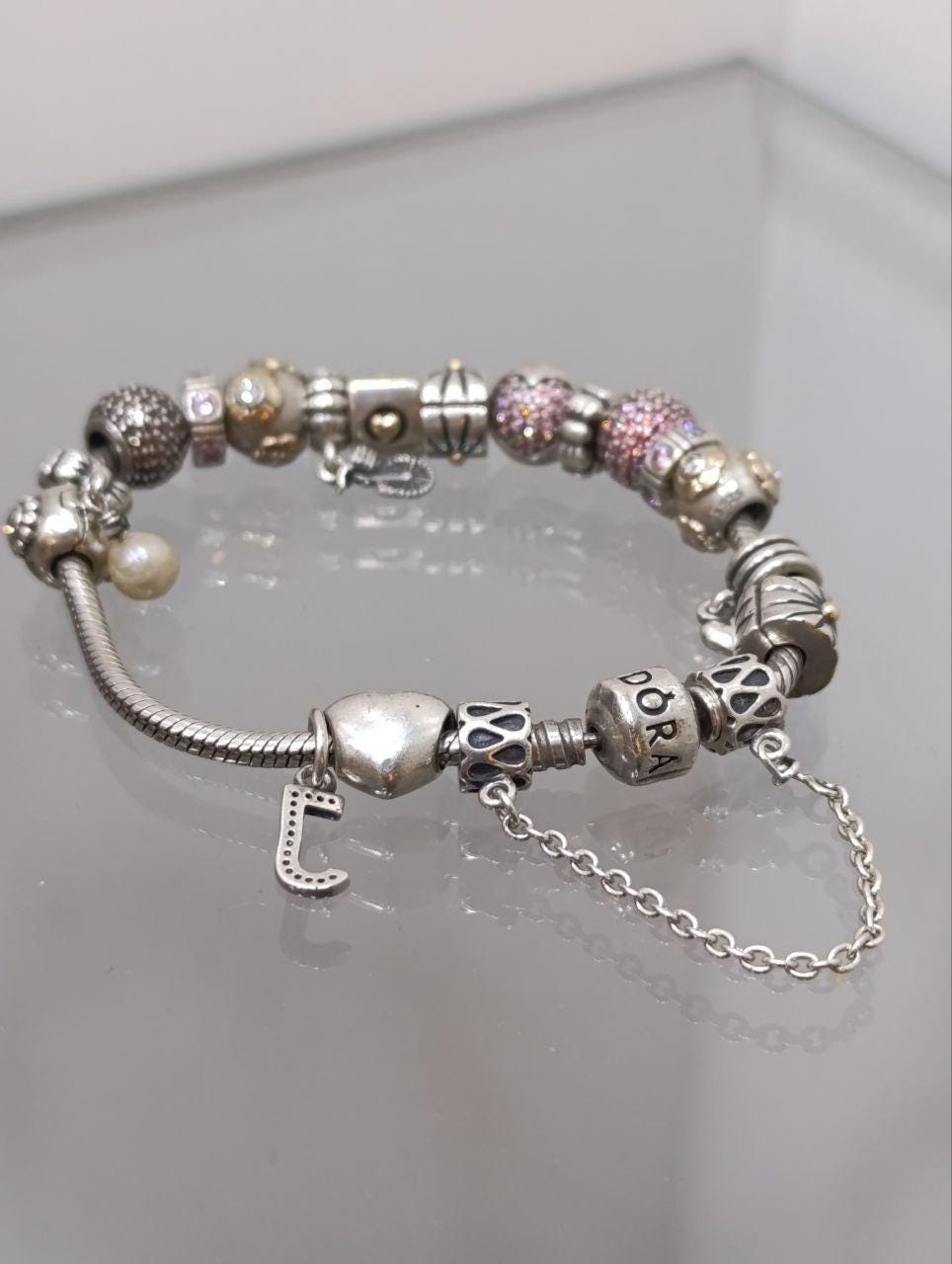Pandora Silver Bracelet with 17 Charms - Amethyst and Cubic Zirconia, 7.5 Inches, 925 Silver