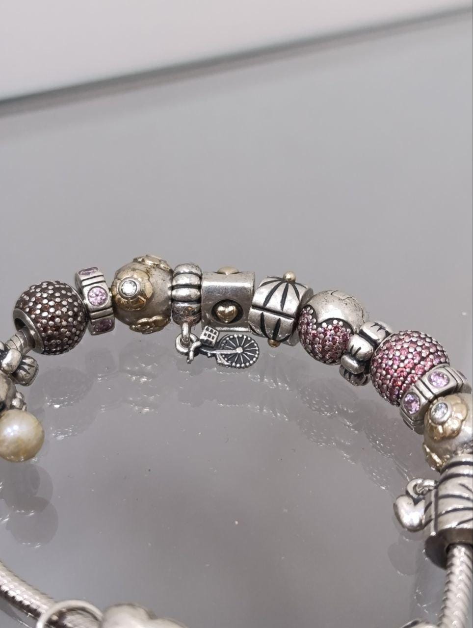 Pandora Silver Bracelet with 17 Charms - Amethyst and Cubic Zirconia, 7.5 Inches, 925 Silver