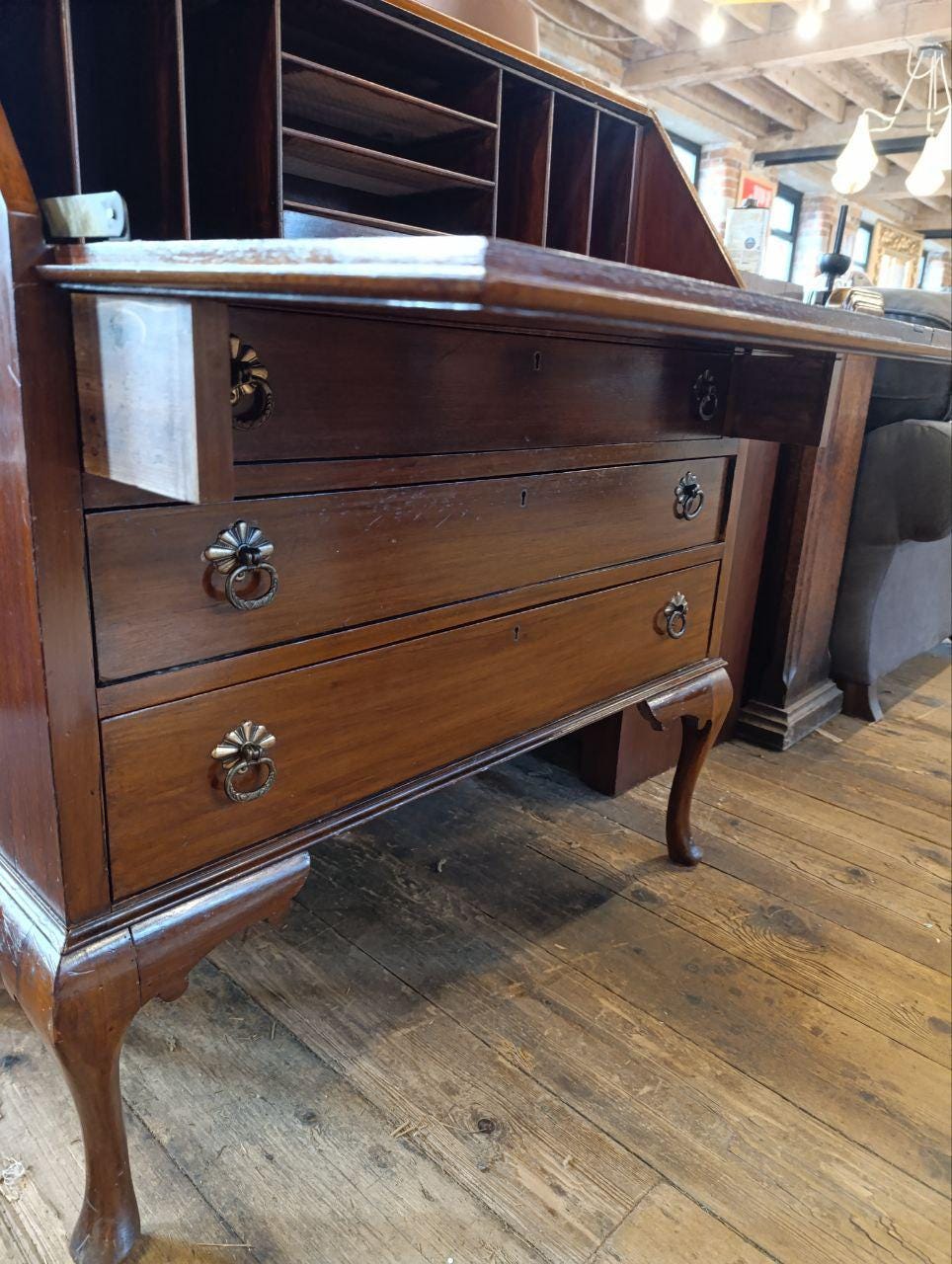 Edwardian Mahogany Bureau - Handmade, Drop-Down Secretary Front, Queen Anne Legs