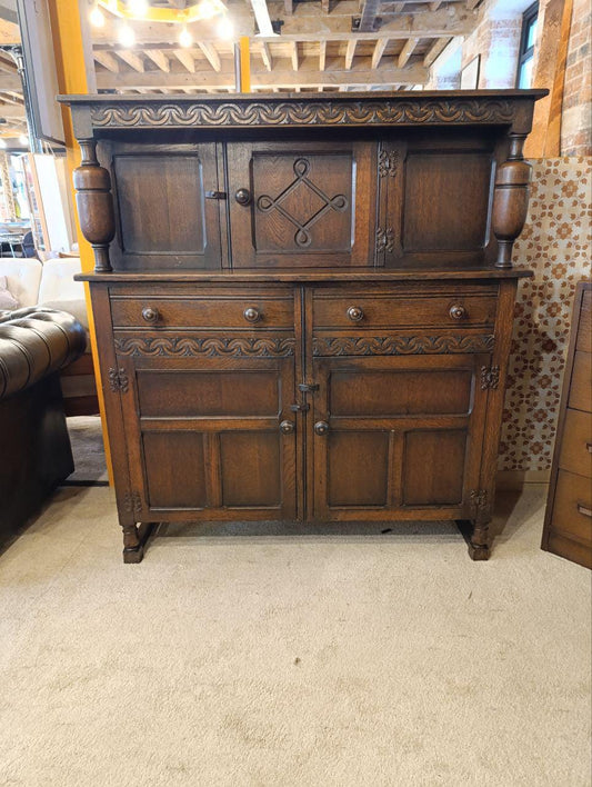 Early 20th Century Oak Carved Court Cupboard - Gothic Style, Linen Fold Carving, Iron Fittings