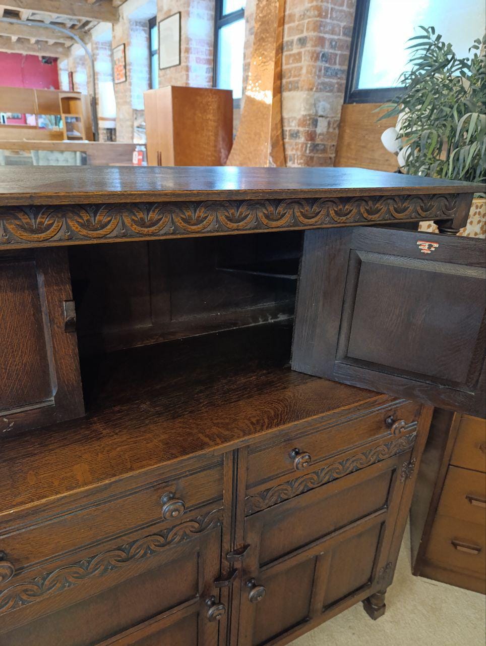Early 20th Century Oak Carved Court Cupboard - Gothic Style, Linen Fold Carving, Iron Fittings