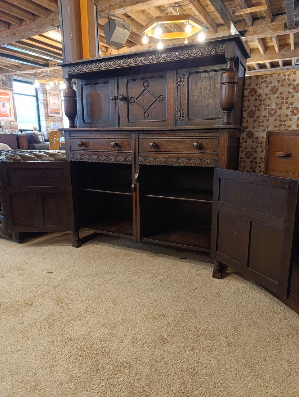 Early 20th Century Oak Carved Court Cupboard - Gothic Style, Linen Fold Carving, Iron Fittings