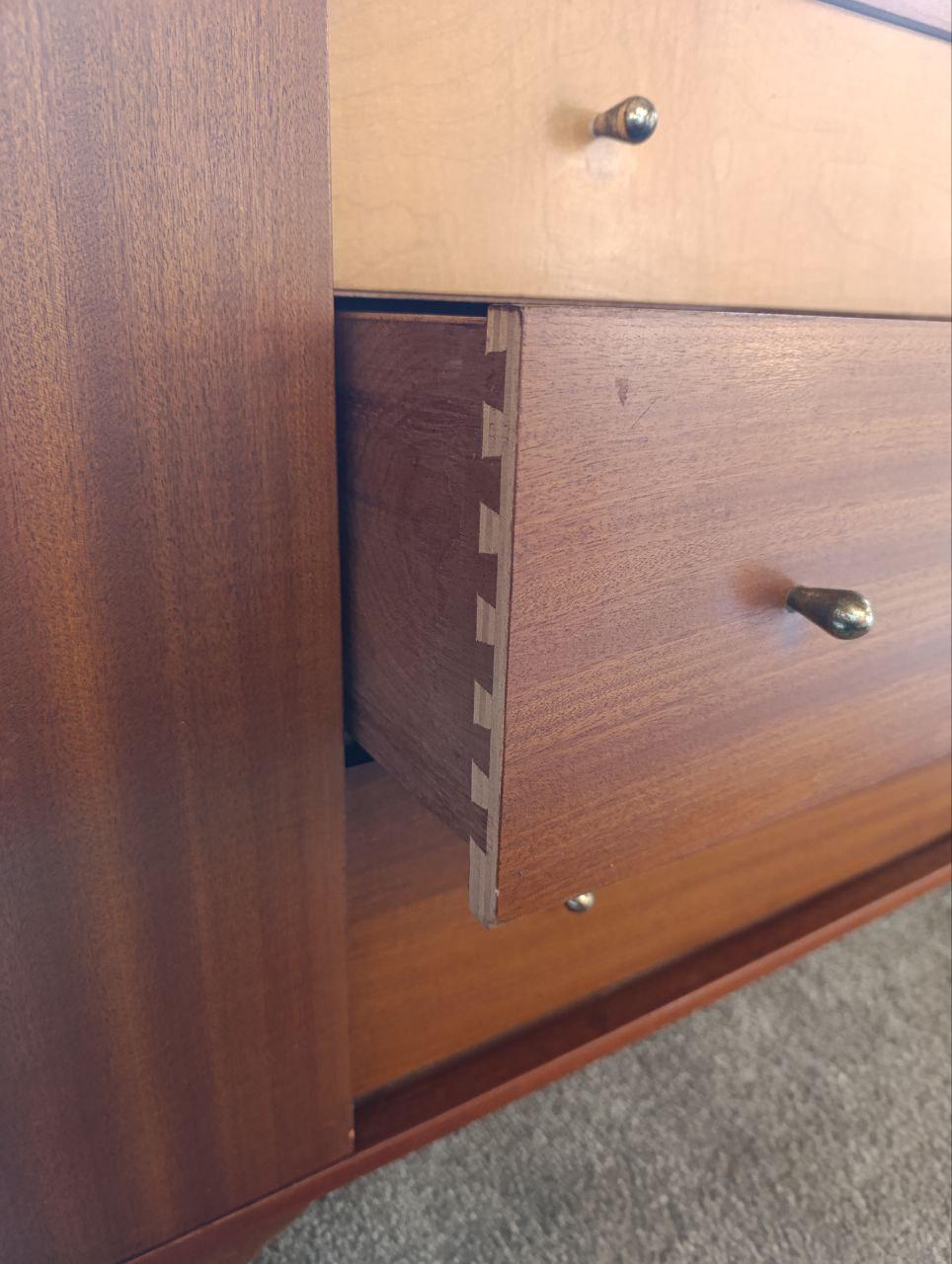 Compact Mid-Century Sideboard by Austinsuite - Birch and Rosewood, Brass Handles, 114.5cm Wide