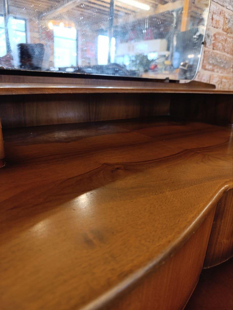 1950s Art Deco Walnut Burl Dressing Table with Mirror - Beautility, Three-Tier Drawers