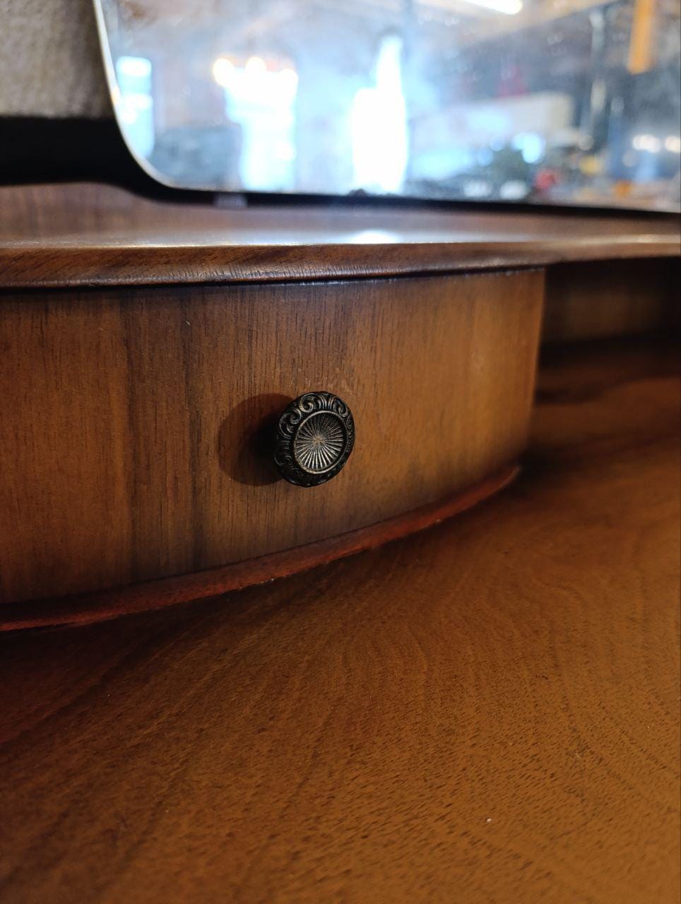 1950s Art Deco Walnut Burl Dressing Table with Mirror - Beautility, Three-Tier Drawers