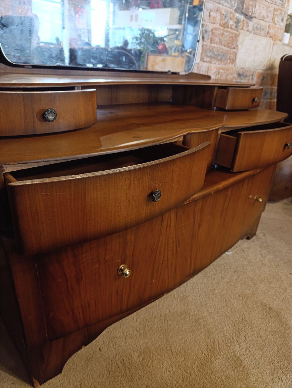 1950s Art Deco Walnut Burl Dressing Table with Mirror - Beautility, Three-Tier Drawers