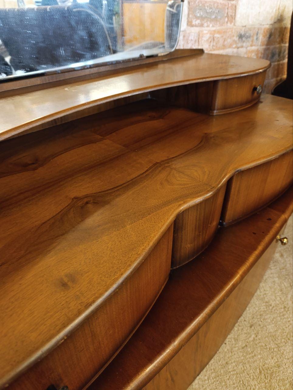1950s Art Deco Walnut Burl Dressing Table with Mirror - Beautility, Three-Tier Drawers