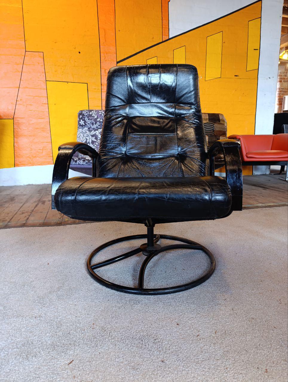 1980s Vintage Ekornes Leather Armchair and Footstool - Black, Recliner, Swivel, Norwegian Design