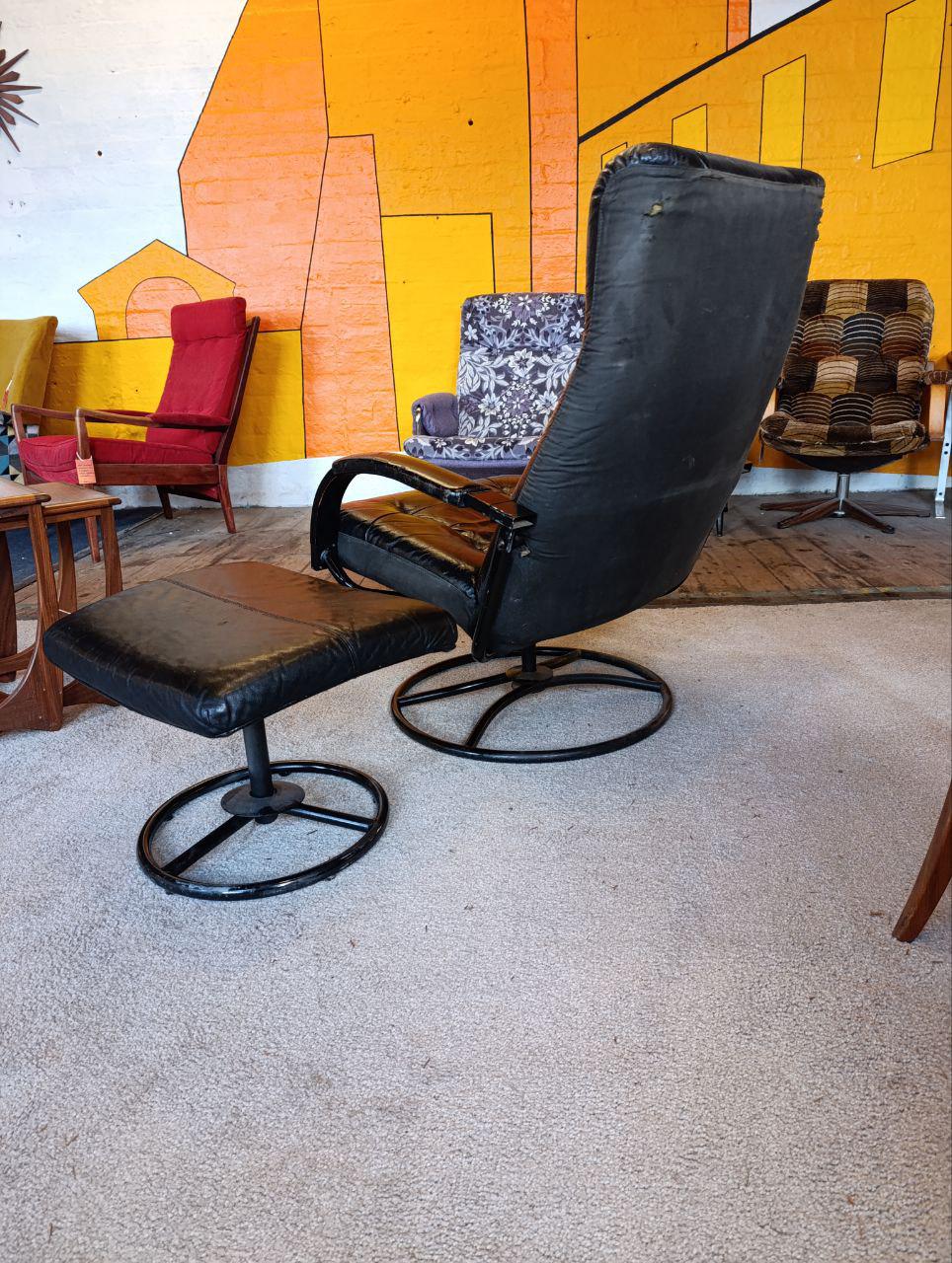 1980s Vintage Ekornes Leather Armchair and Footstool - Black, Recliner, Swivel, Norwegian Design