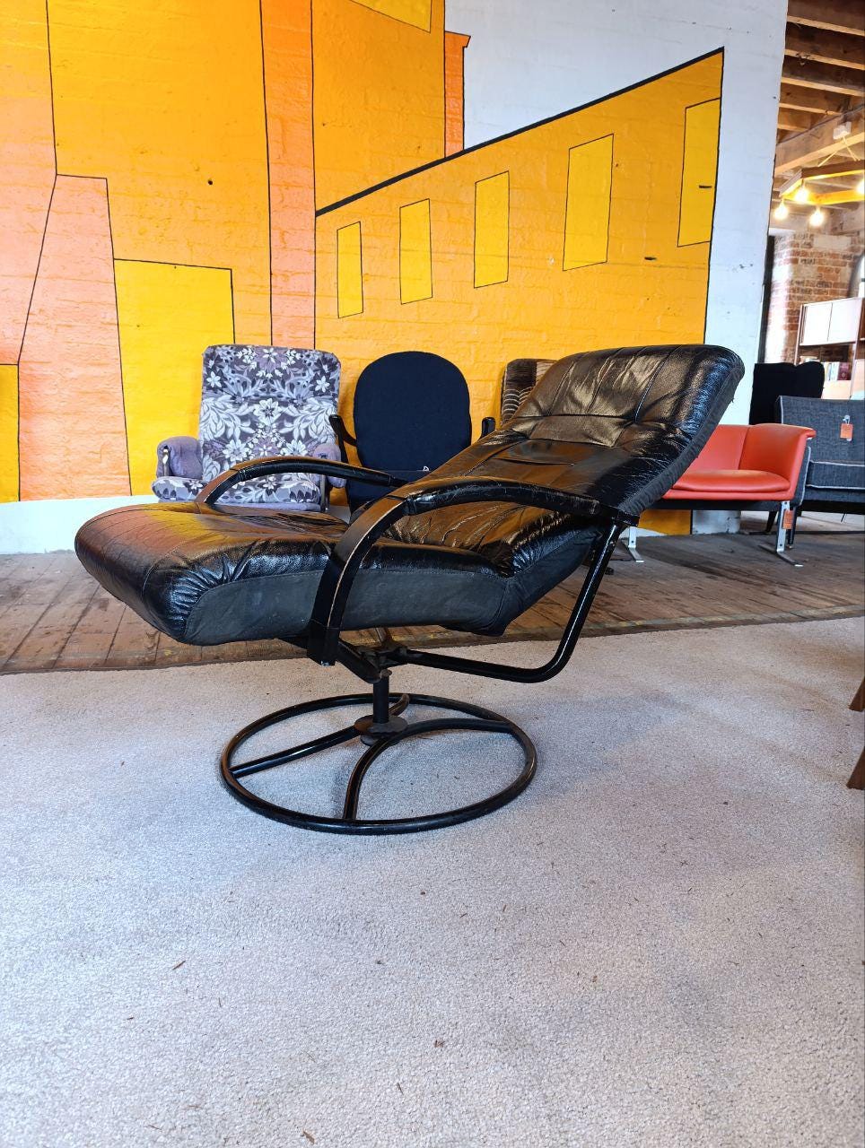 1980s Vintage Ekornes Leather Armchair and Footstool - Black, Recliner, Swivel, Norwegian Design