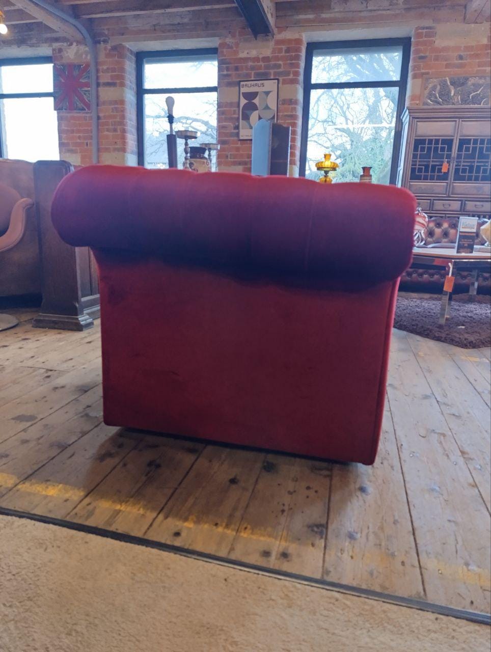 Victorian Chesterfield Armchair and Footstool - Red Velvet, Buttoned Back, Oak Queen Anne Legs