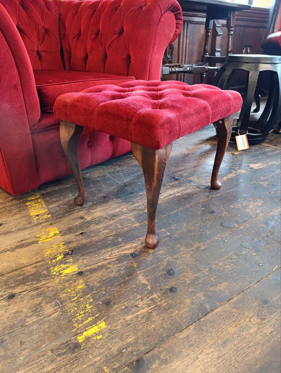 Victorian Chesterfield Armchair and Footstool - Red Velvet, Buttoned Back, Oak Queen Anne Legs