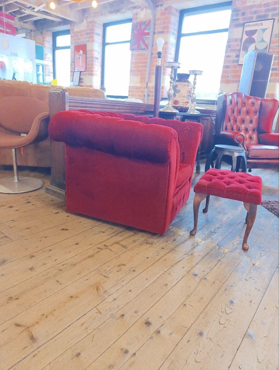 Victorian Chesterfield Armchair and Footstool - Red Velvet, Buttoned Back, Oak Queen Anne Legs