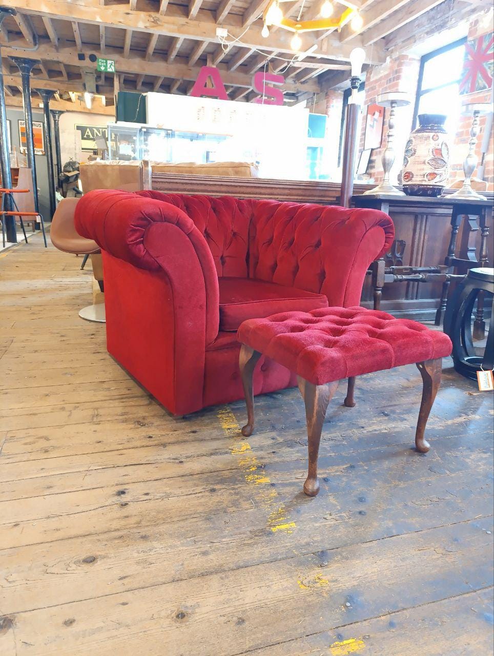 Victorian Chesterfield Armchair and Footstool - Red Velvet, Buttoned Back, Oak Queen Anne Legs