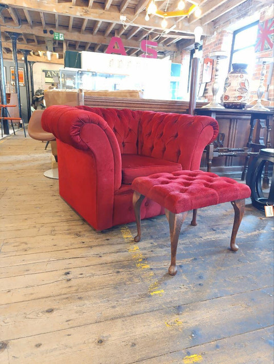 Victorian Chesterfield Armchair and Footstool - Red Velvet, Buttoned Back, Oak Queen Anne Legs