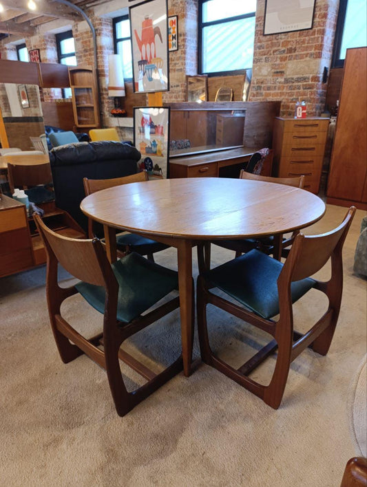 Mid Century Teak Drop-Leaf Dining Set - Table and 4 Portwood Chairs, Turtle Green Seats