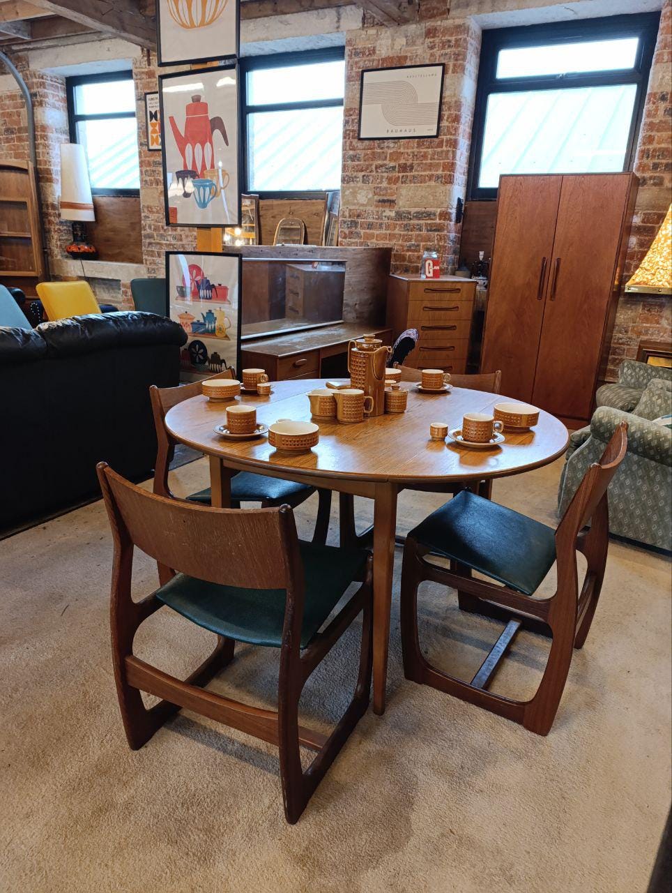 Mid Century Teak Drop-Leaf Dining Set - Table and 4 Portwood Chairs, Turtle Green Seats