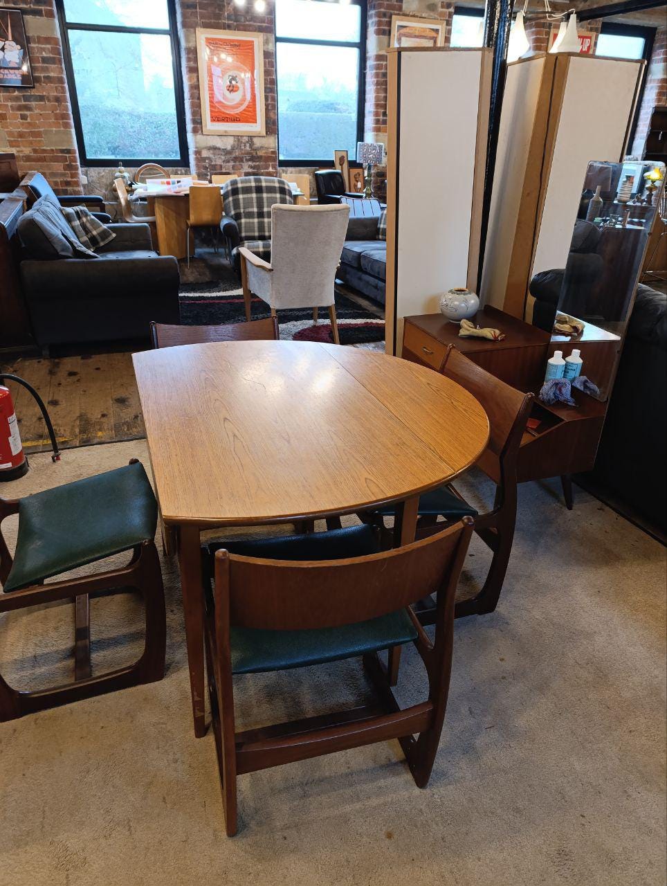 Mid Century Teak Drop-Leaf Dining Set - Table and 4 Portwood Chairs, Turtle Green Seats