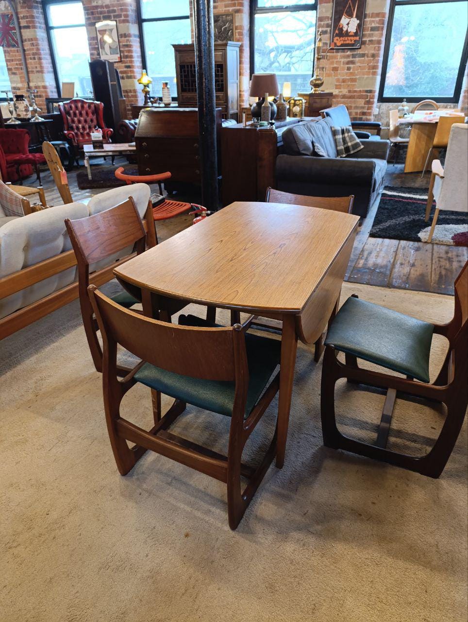 Mid Century Teak Drop-Leaf Dining Set - Table and 4 Portwood Chairs, Turtle Green Seats