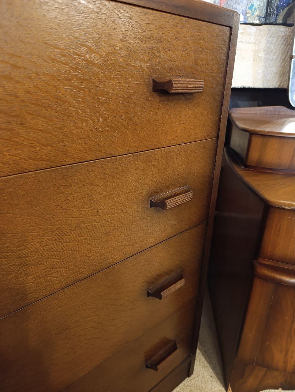 1950s Oak Tallboy with Mirror BY E Gomme (G-Plan) - Fretwork Detailing, Four Drawers, Round Mirror