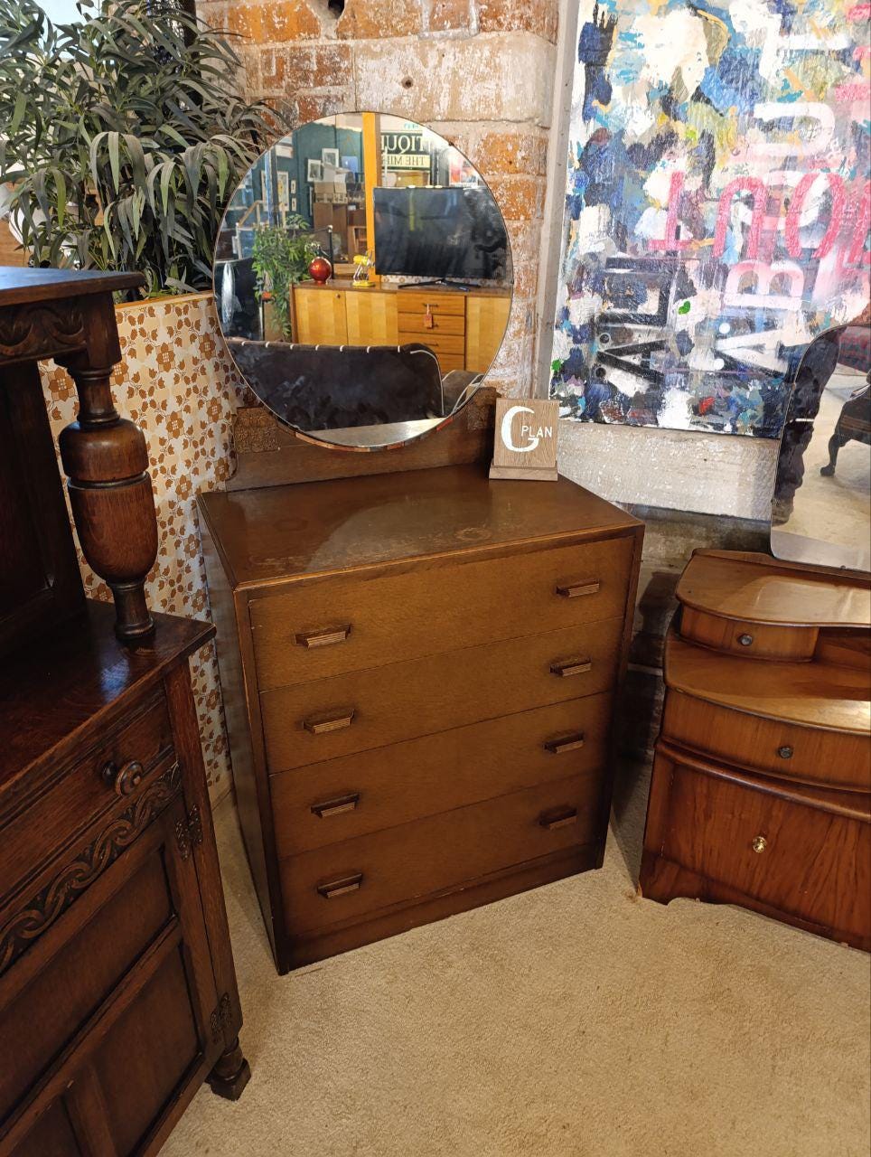 1950s Oak Tallboy with Mirror BY E Gomme (G-Plan) - Fretwork Detailing, Four Drawers, Round Mirror