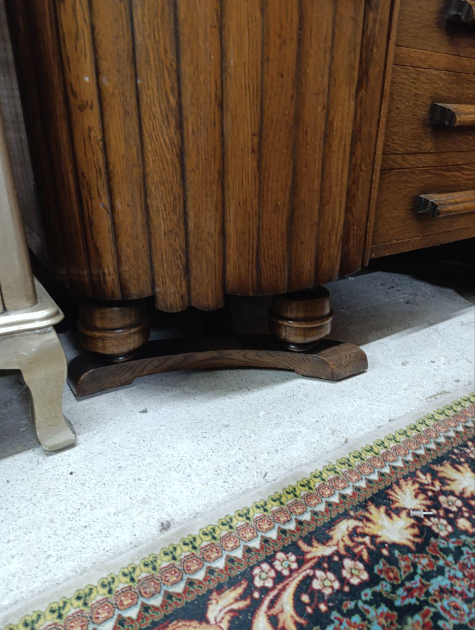 1940s Art Deco Sculptural Sideboard - Hand-Carved Details, Tambour Doors, Oak Plinth Base