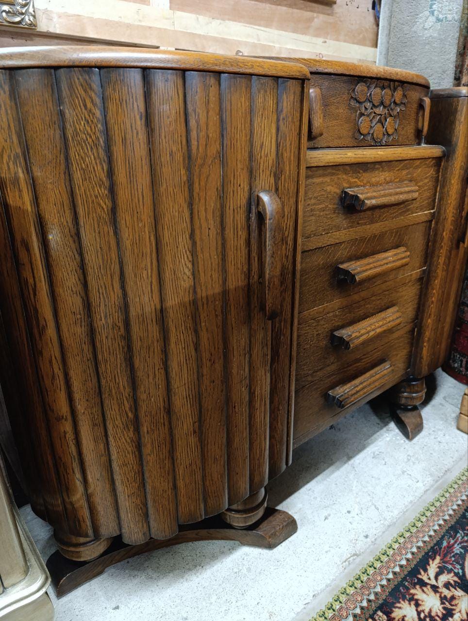 1940s Art Deco Sculptural Sideboard - Hand-Carved Details, Tambour Doors, Oak Plinth Base