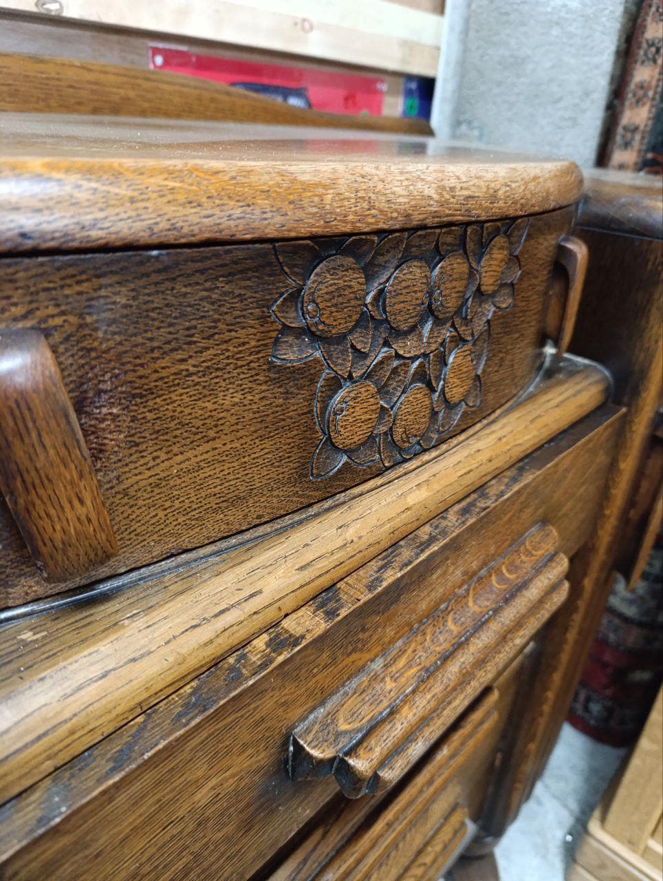 1940s Art Deco Sculptural Sideboard - Hand-Carved Details, Tambour Doors, Oak Plinth Base