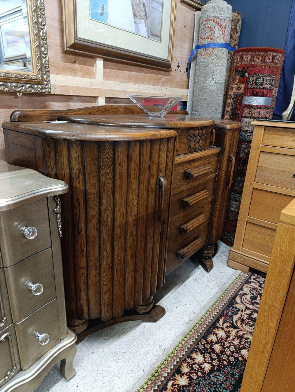 1940s Art Deco Sculptural Sideboard - Hand-Carved Details, Tambour Doors, Oak Plinth Base